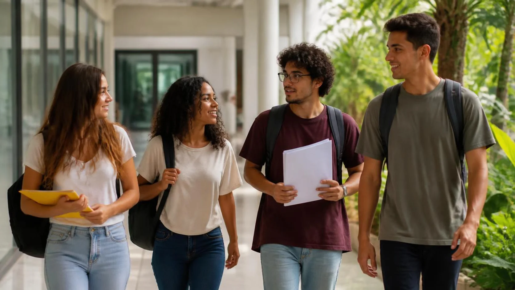 Estudantes conversando em um corredor de campus universitário enquanto carregam pastas e mochilas.