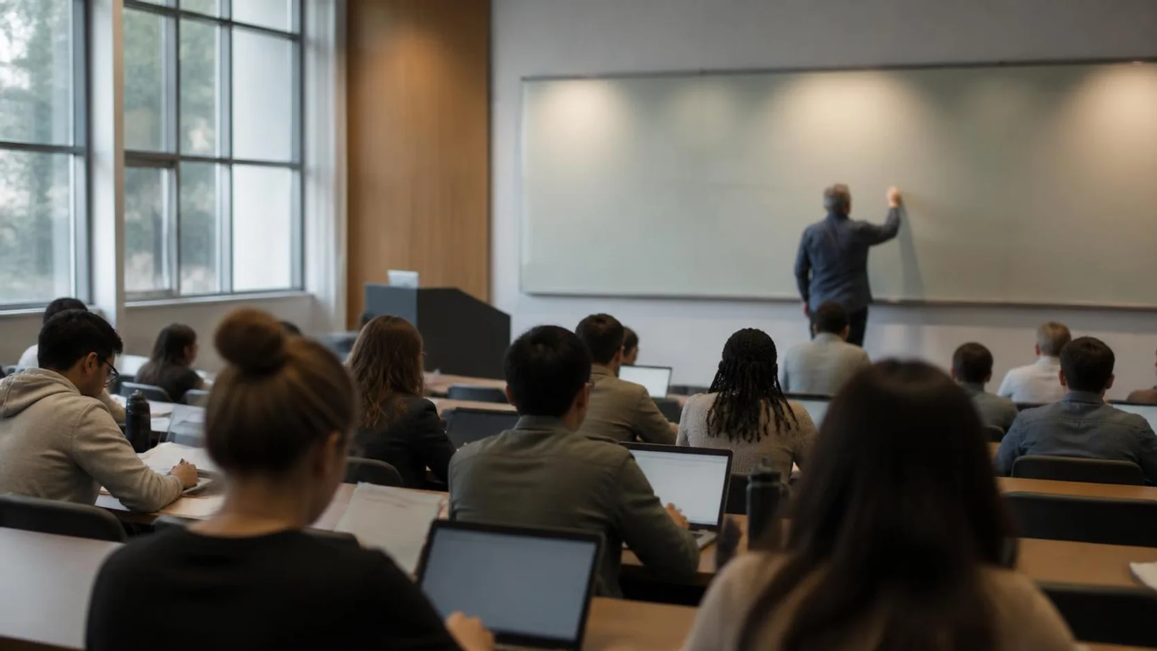 Estudantes adultos assistem aula em auditório universitário com cadernos e computadores durante a tarde.