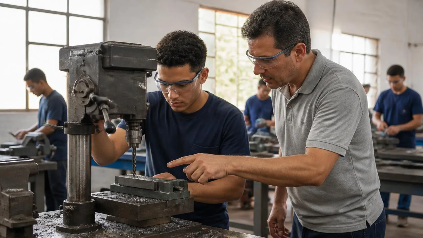 Instrutor orienta jovem aprendiz durante prática em oficina de formação profissional, com ferramentas e bancada ao fundo.