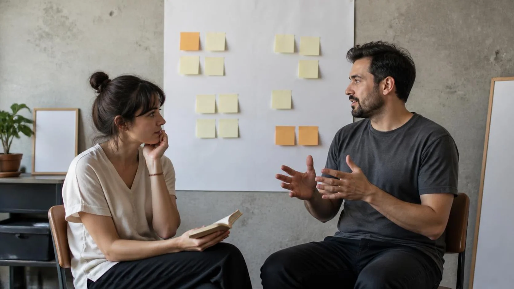 Duas pessoas conversam em uma sala simples enquanto organizam anotações sem texto em um quadro, em uma cena de ideação de negócio.