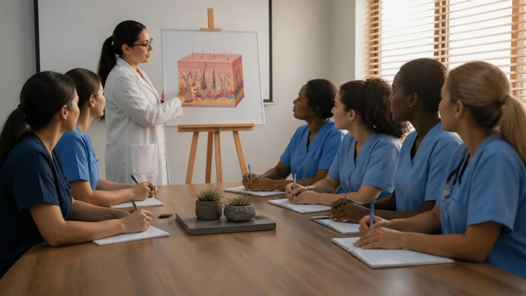 Instrutora apresenta quadro anatômico da pele para enfermeiras em sala de aula de curso de atualização profissional.