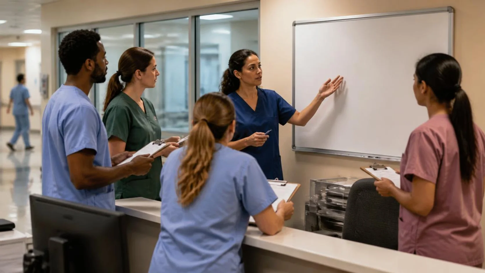 Enfermeira conduz passagem de plantão com a equipe de enfermagem em posto de enfermagem de hospital, com pranchetas e quadro ao fundo.