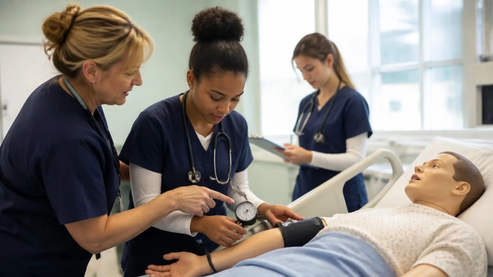 Instrutora de enfermagem orienta duas estudantes de scrubs ao lado de um leito de treinamento hospitalar enquanto ajustam um aparelho de pressão em um manequim.