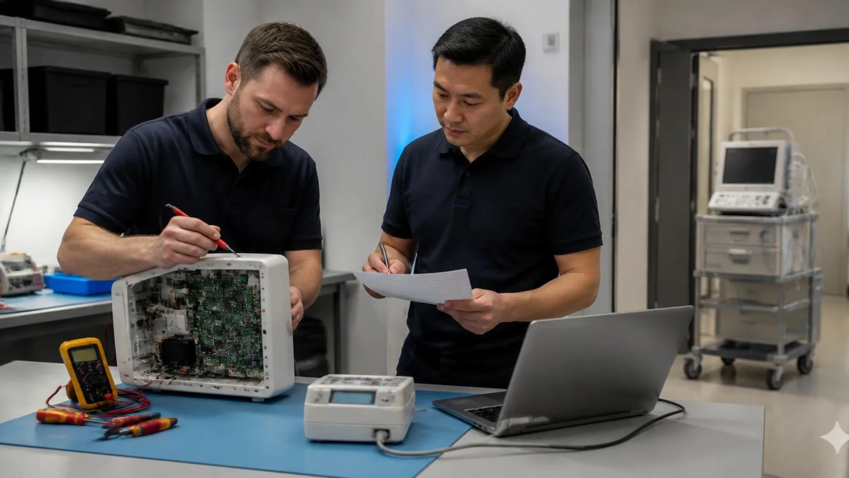Engenheiros fazem manutenção em monitor de sinais vitais sobre bancada de oficina de engenharia clínica.