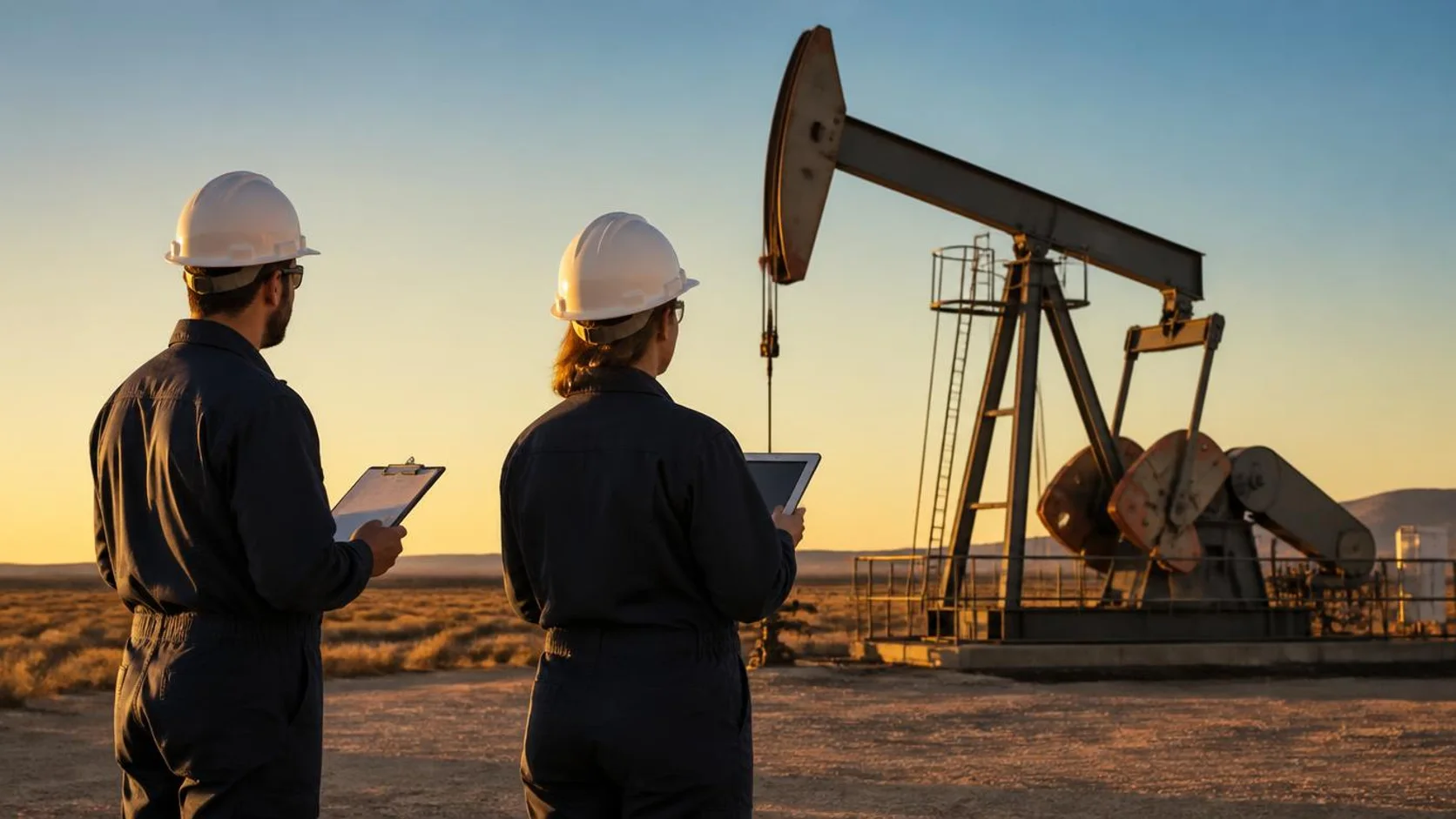 Dois engenheiros com capacetes inspecionam uma unidade de bombeio em campo de petróleo em terra, ao entardecer.
