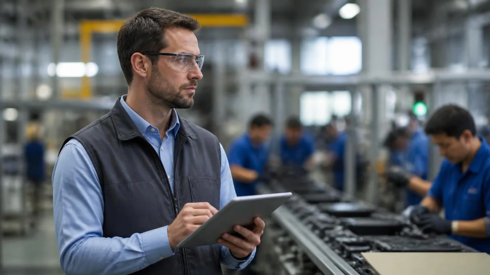Profissional de engenharia de produção com óculos de proteção observa uma linha de montagem e anota dados em tablet, com trabalhadores ao fundo.
