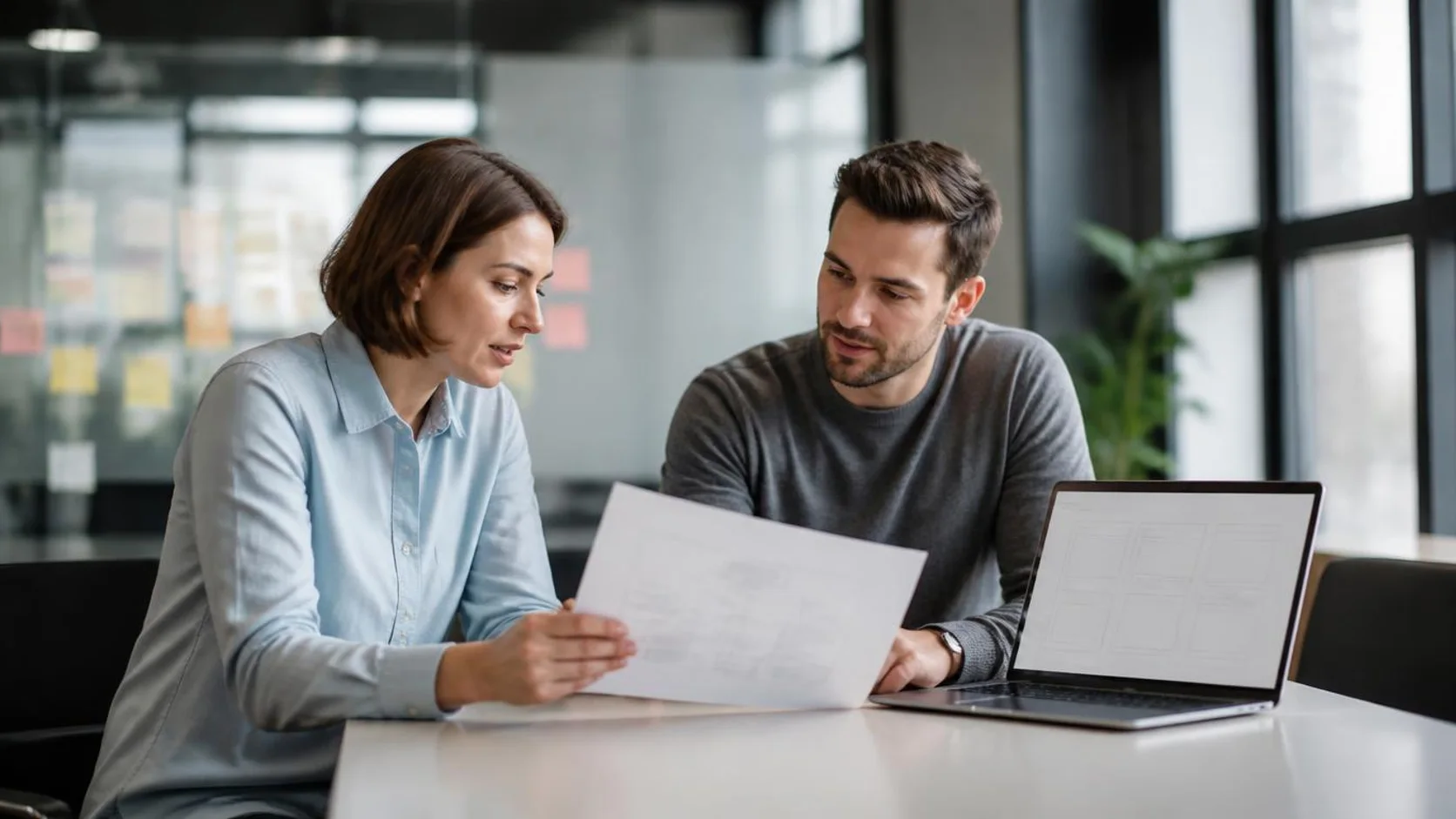 Duas pessoas analisam um diagrama de fluxo impresso e esboços de telas durante uma reunião de levantamento de requisitos em um escritório iluminado.