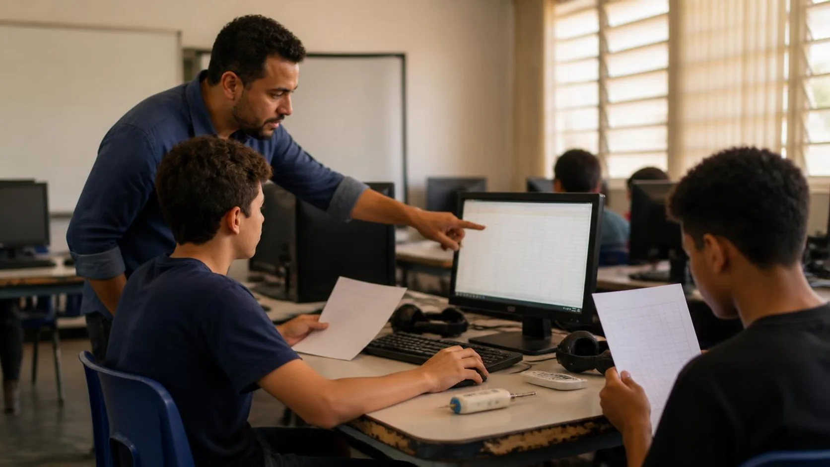 Docente orienta estudante em laboratório de informática escolar, comparando dados de um experimento na tela com a planilha impressa.