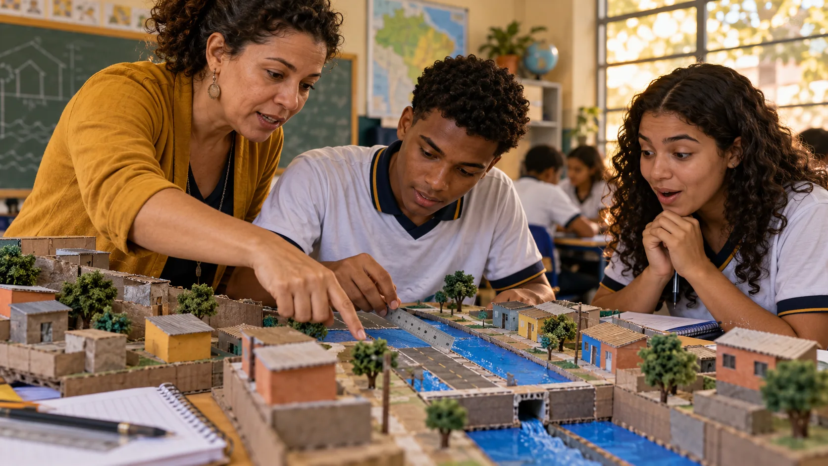 Professora e estudantes usam uma maquete do bairro e uma régua para relacionar conteúdos à vida cotidiana