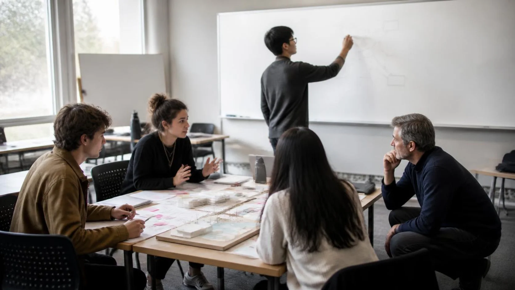 Estudantes universitários trabalham em grupo com protótipos e anotações em uma sala reorganizada como ateliê, com a docente acompanhando de perto.
