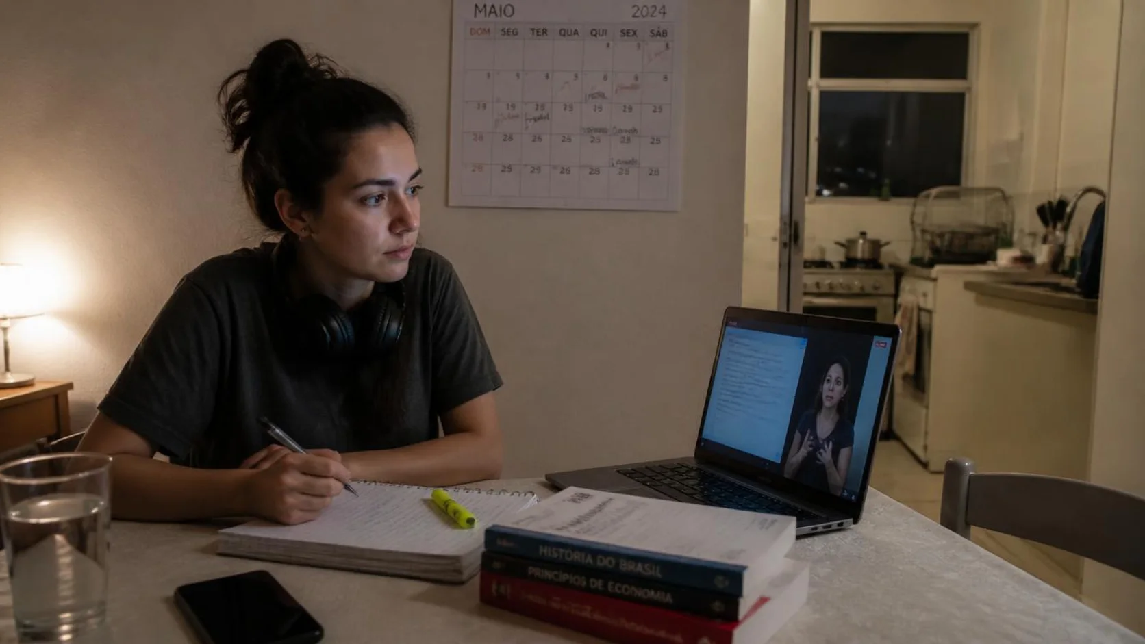 Estudante adulta assistindo a uma aula on-line no notebook, à noite, na mesa da cozinha de um apartamento simples, com caderno de anotações e fones de ouvido ao lado