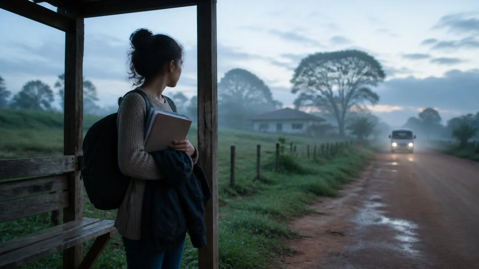 Jovem estudante com mochila e cadernos espera o ônibus em uma estrada de terra no campo, ao amanhecer.