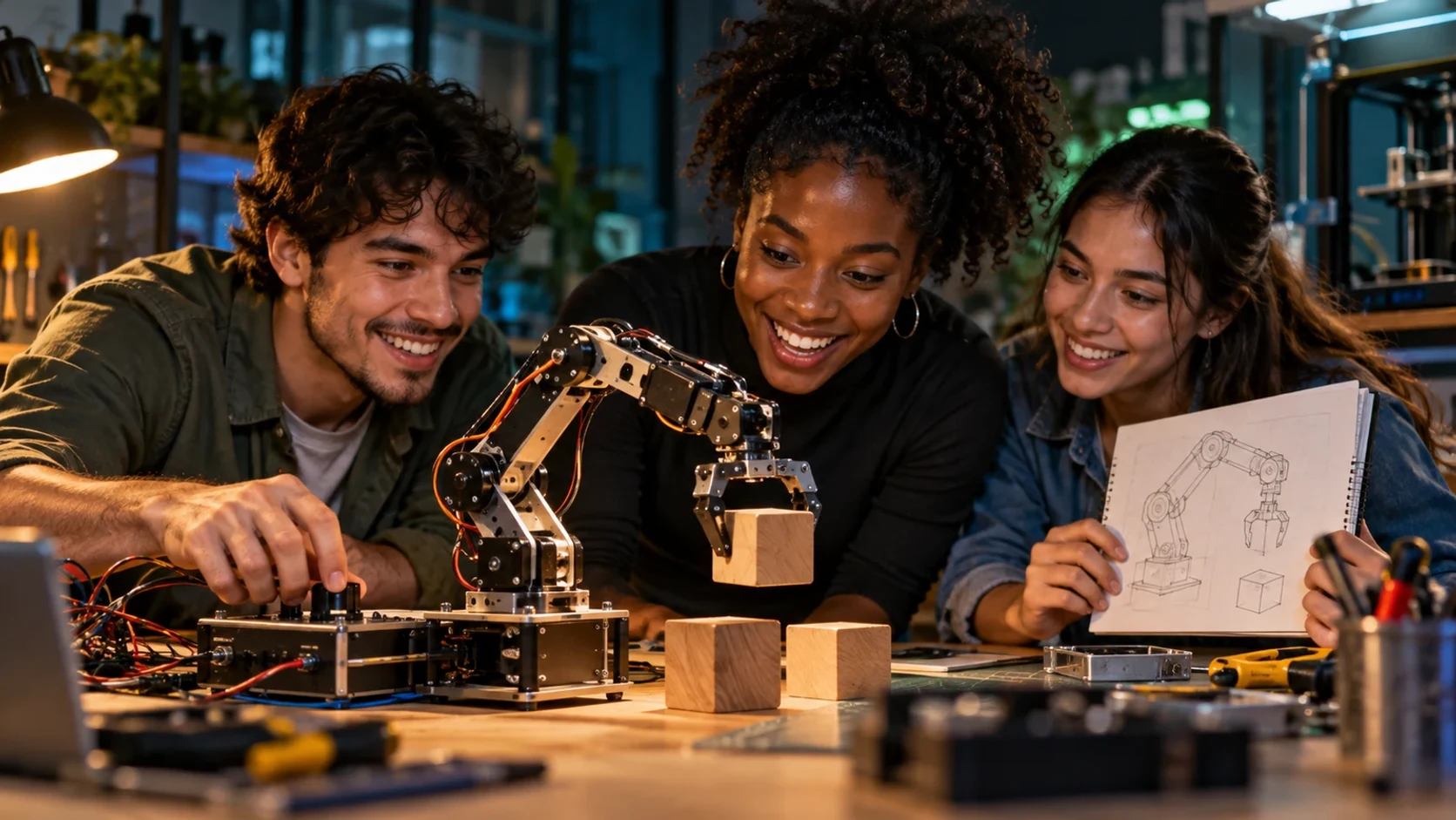 Estudantes testam juntos um braço robótico que construíram em uma atividade universitária