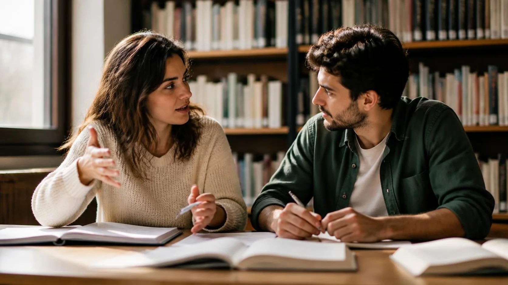 Duas pessoas conversam em uma mesa de biblioteca com cadernos abertos durante uma conversa sobre escolha profissional.