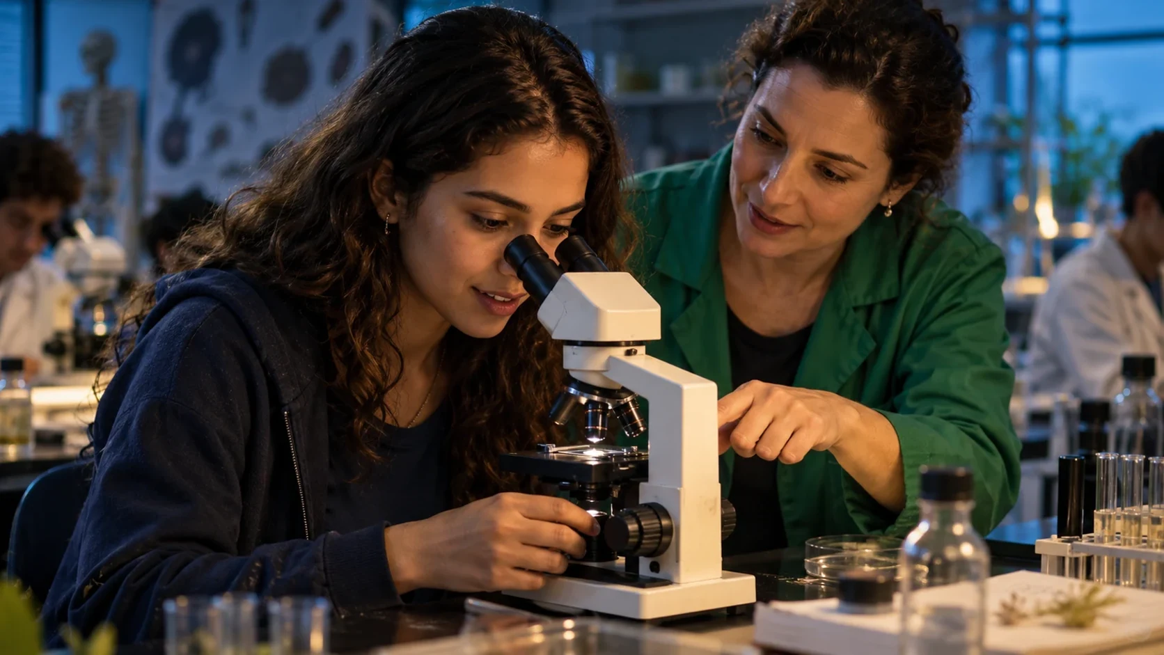 Estudante aprende a usar um microscópio com orientação próxima de uma professora