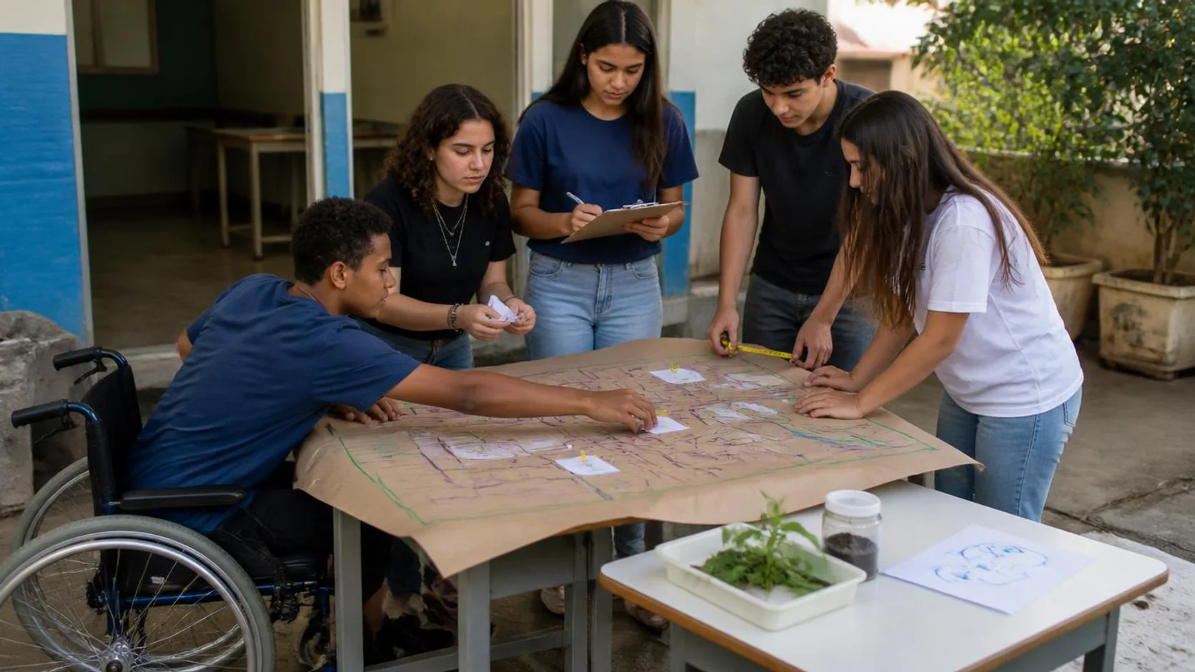 Estudantes trabalham em grupo ao redor de um mapa desenhado à mão sobre papel kraft, com marcadores coloridos e papéis fixados, em pátio de escola pública, incluindo estudante em cadeira de rodas.