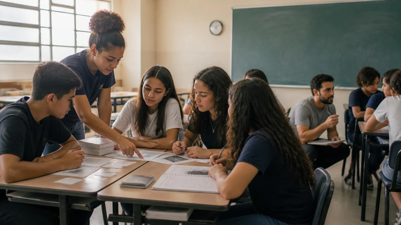 Estudantes ao redor de mesas unidas organizam anotações e discutem um trabalho em grupo enquanto a docente observa outro grupo com uma prancheta.