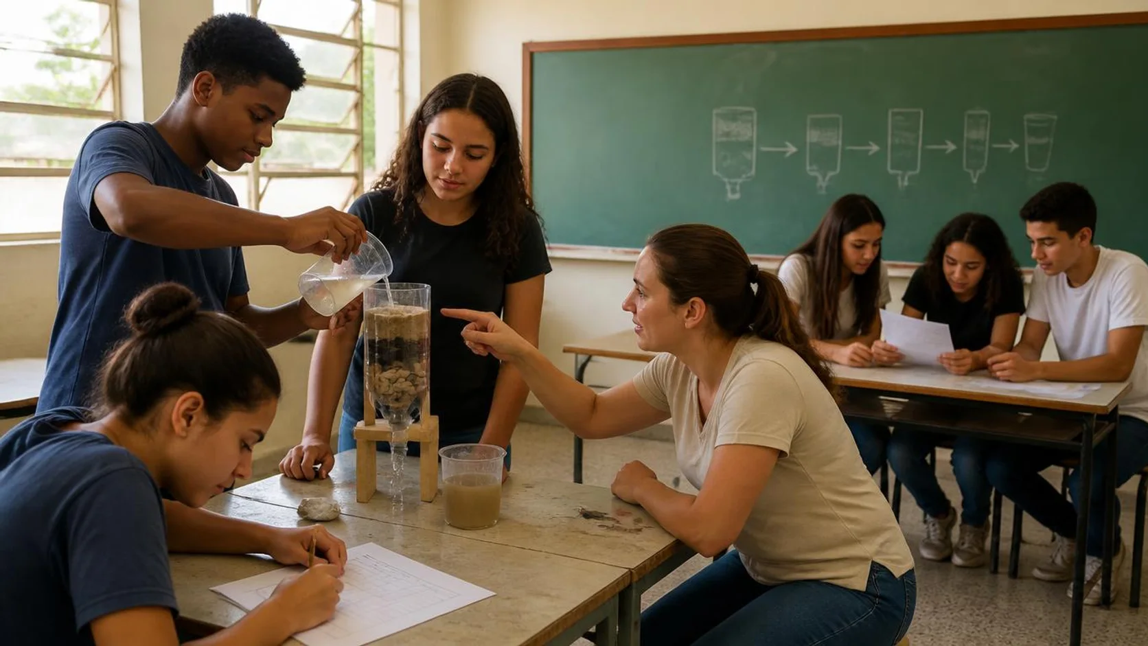 Estudantes do ensino médio testam um protótipo de filtro de água em sala de aula enquanto a docente acompanha o grupo de perto.