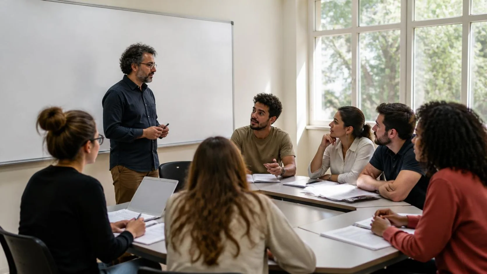 Estudantes adultos em semicírculo discutem um texto com o docente ao lado de um quadro com diagramas à mão livre.