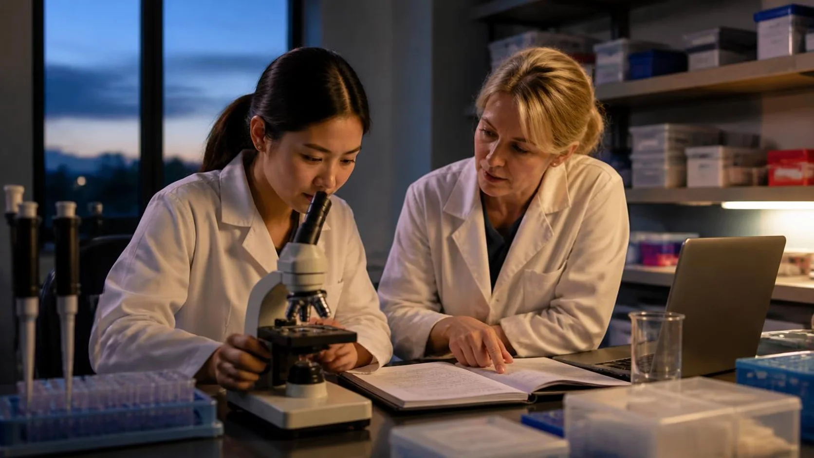 Estudante ajusta um microscópio em laboratório universitário enquanto um pesquisador sênior aponta anotações em um caderno.