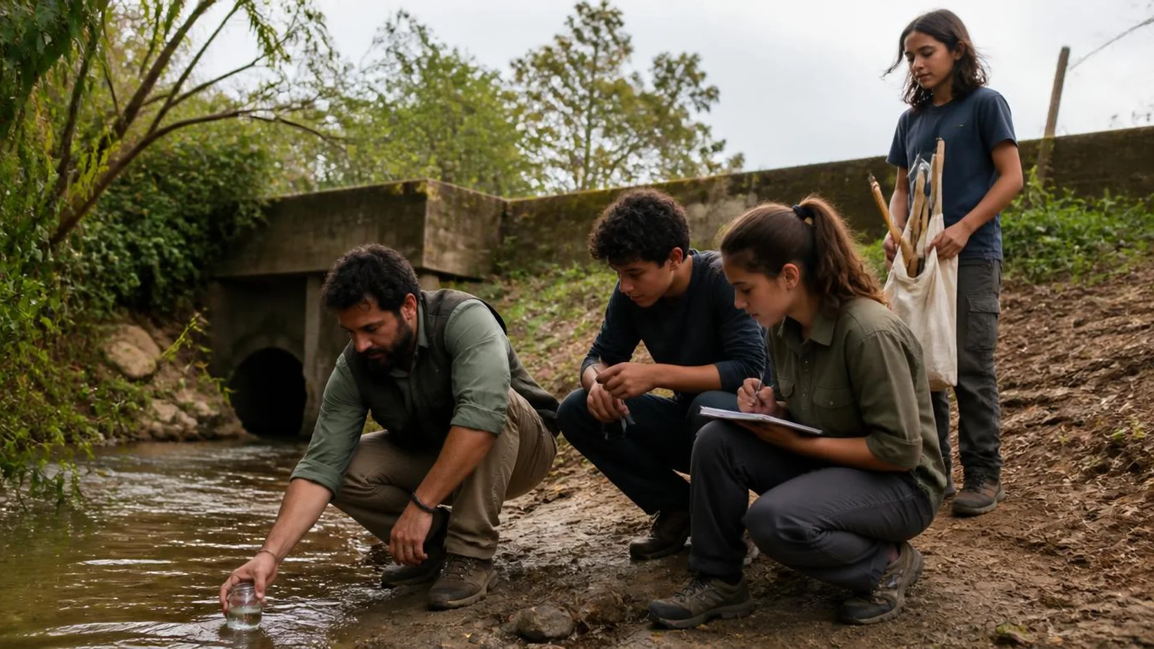Turma de ensino médio coleta amostra de água em córrego urbano com caderno de campo e termômetro durante aula prática de ecologia.