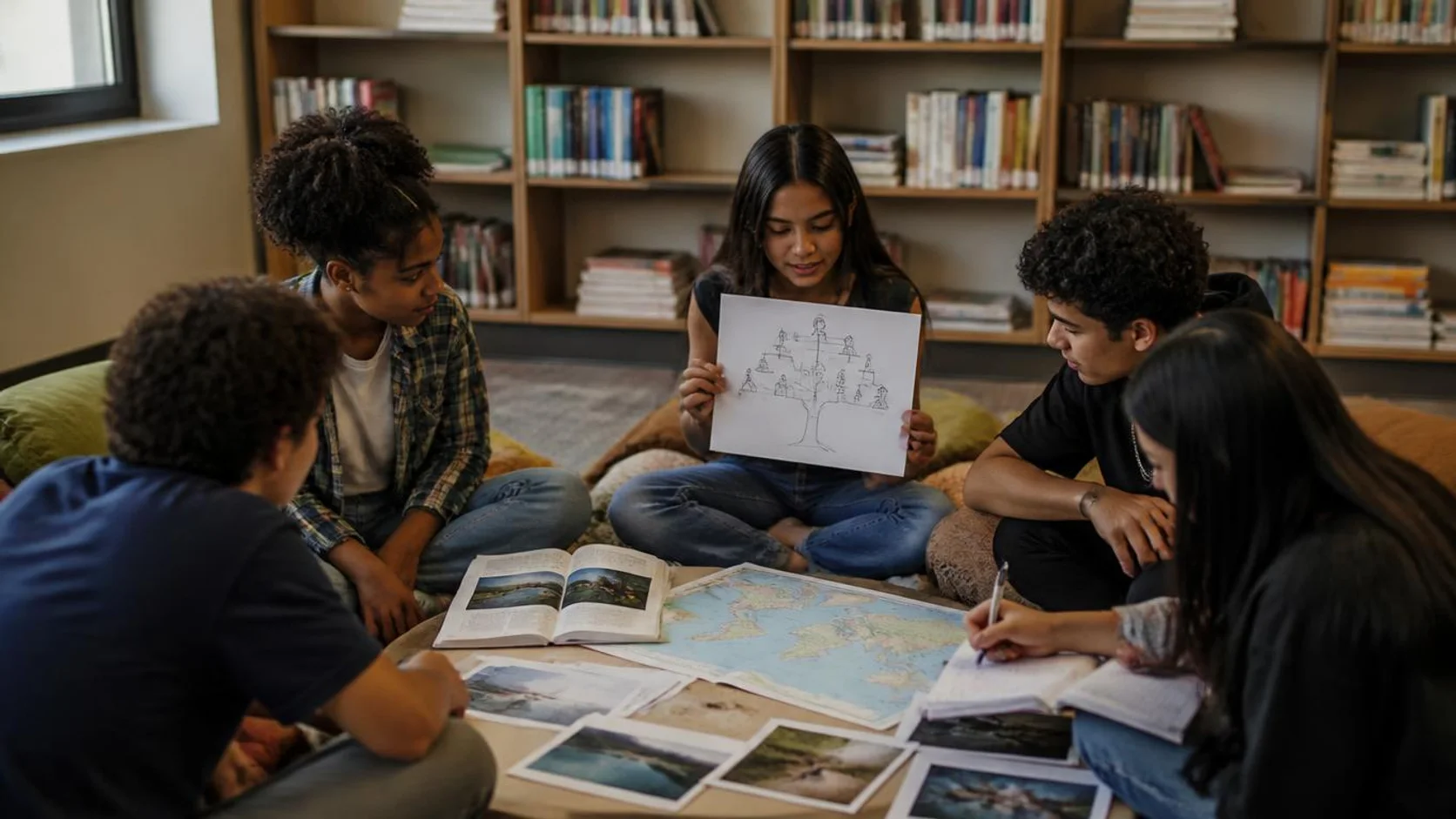 Estudantes de origens diversas sentados em círculo na biblioteca escolar com livros, fotografias e mapa sobre a mesa baixa.