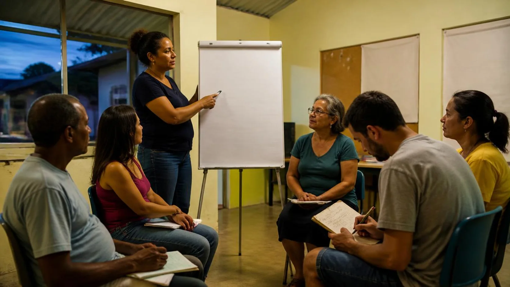 Roda de estudantes adultos em sala de educação de jovens e adultos, com uma pessoa de pé ao lado de um cavalete durante o debate.