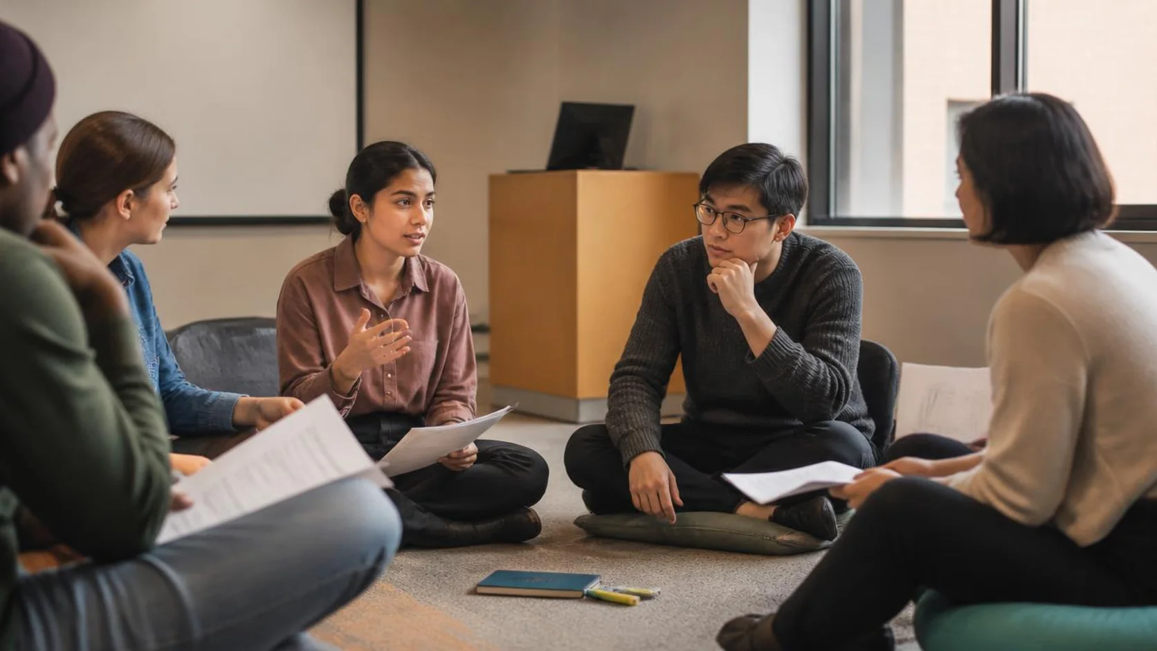 Grupo multicultural conversa em círculo durante seminário universitário com artigos impressos.