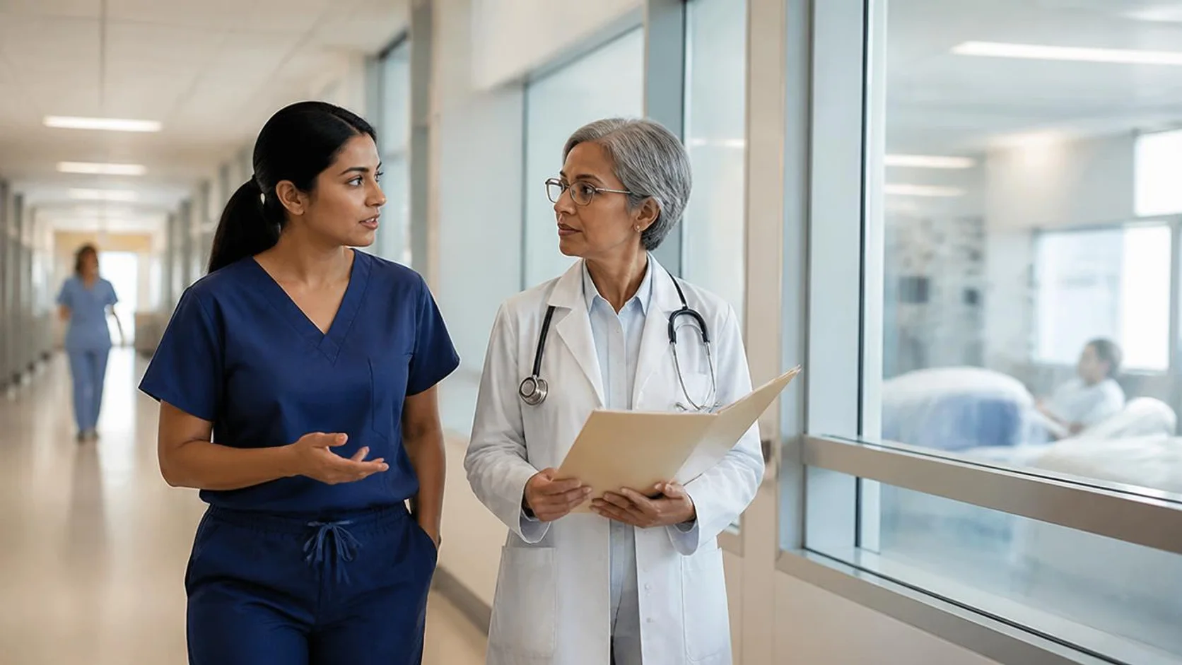 Profissionais de medicina em uniforme cirúrgico conversam em um corredor de hospital.