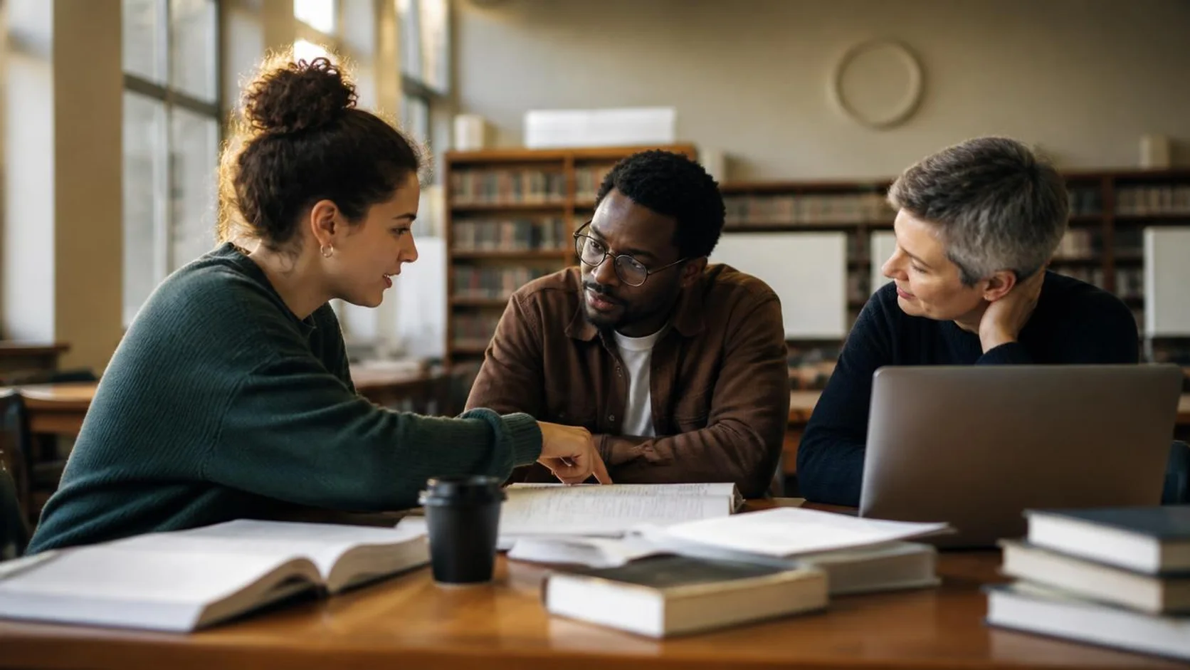 Estudantes de pós-graduação conversam em torno de uma mesa de biblioteca, com cadernos e artigos impressos, durante um encontro de estudo.