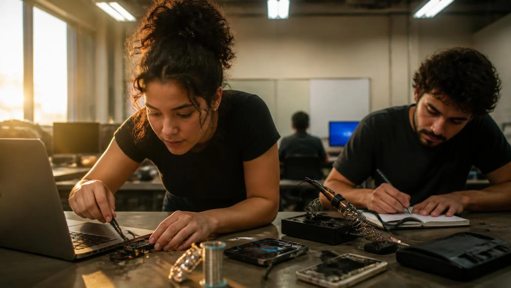 Estudantes montam protótipo com placa eletrônica e notebook em laboratório universitário, observando e anotando medições.