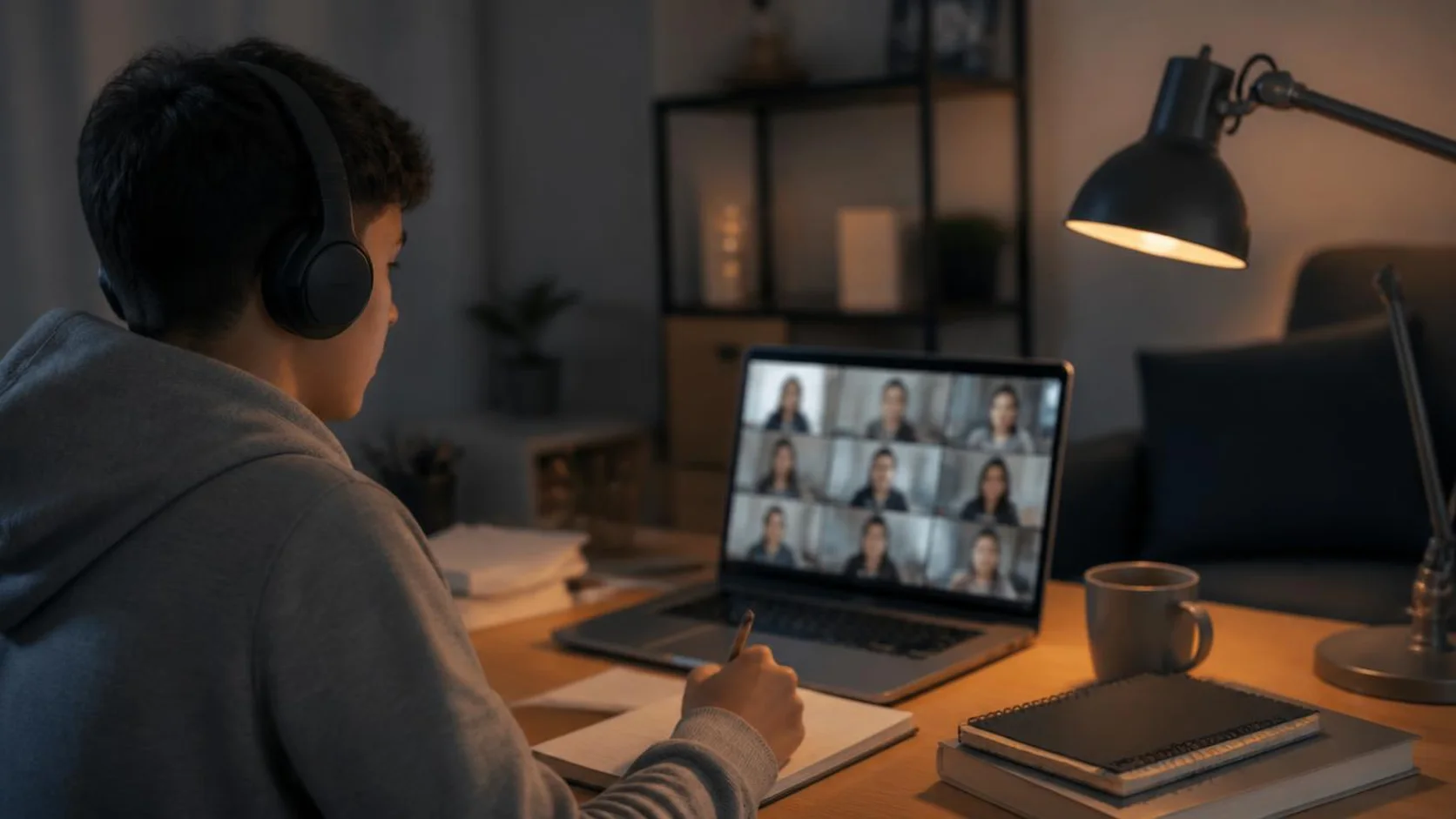 Estudante universitário assistindo a uma aula online em casa, com fones de ouvido e caderno na mesa.