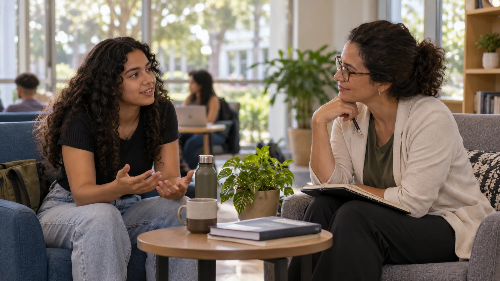 Estudante conversa com orientadora em um corredor acolhedor de faculdade