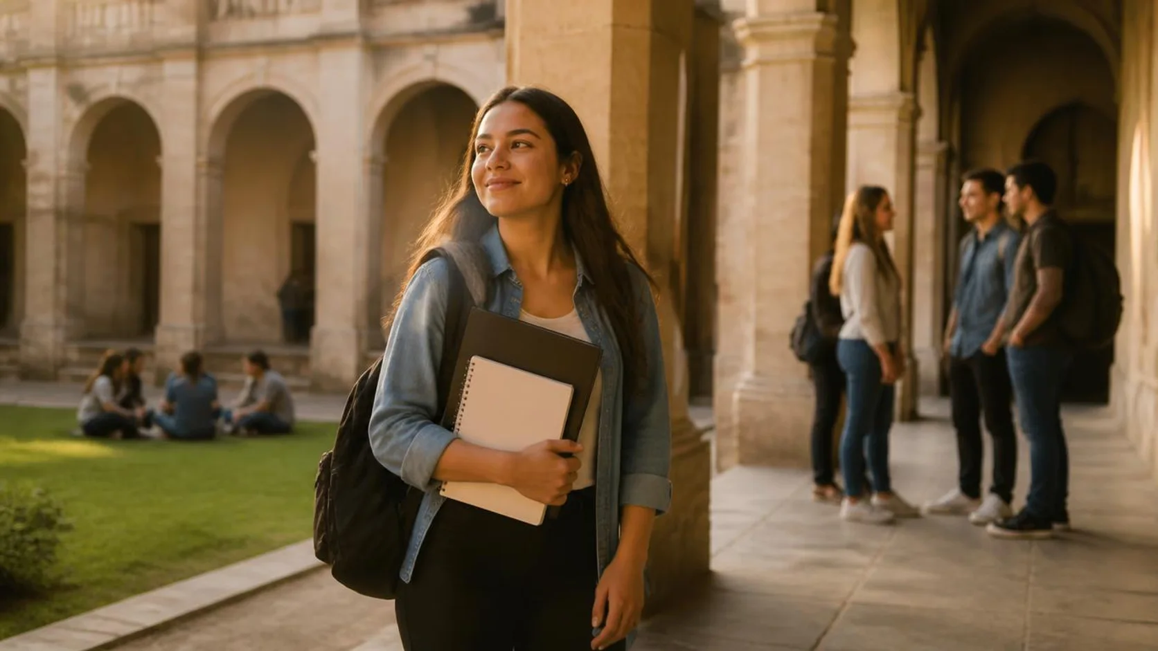 Estudante com mochila caminha por um pátio universitário de arcos em outro país, com colegas ao fundo.