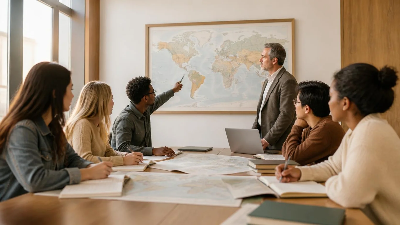 Estudantes reunidos em sala discutem um mapa-múndi com a orientação do docente durante um projeto de alcance internacional.