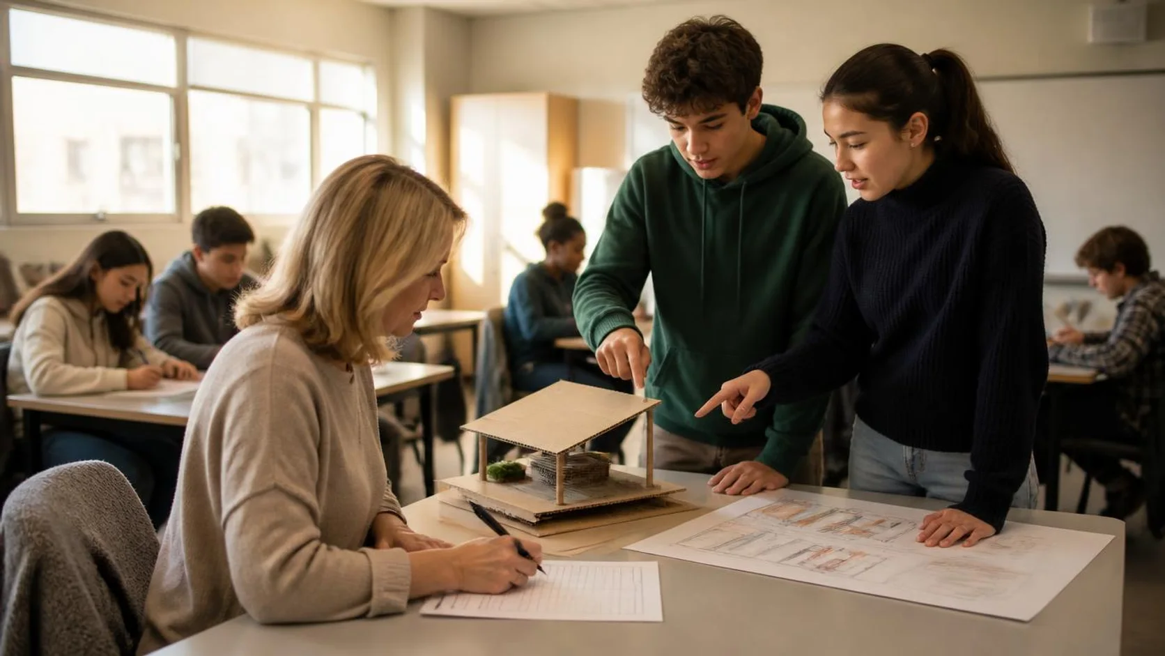 Docente corrige uma rubrica impressa enquanto dois estudantes apresentam um modelo e cartazes de um projeto multidisciplinar.