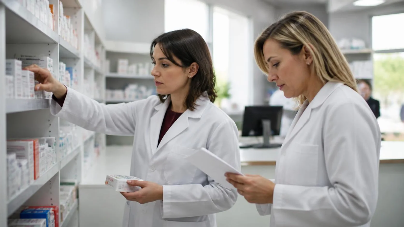 Farmacêutica de jaleco branco organiza caixas de medicamentos em prateleira de farmácia enquanto uma colega confere uma lista impressa ao lado.