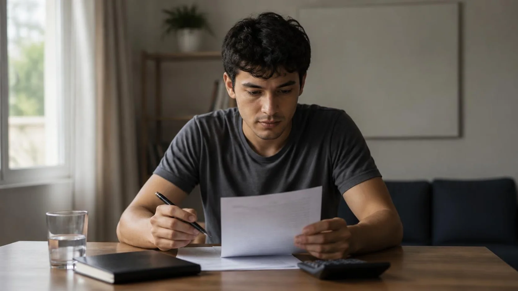 Estudante universitário lê um contrato de financiamento impresso em uma mesa, com uma calculadora ao lado.