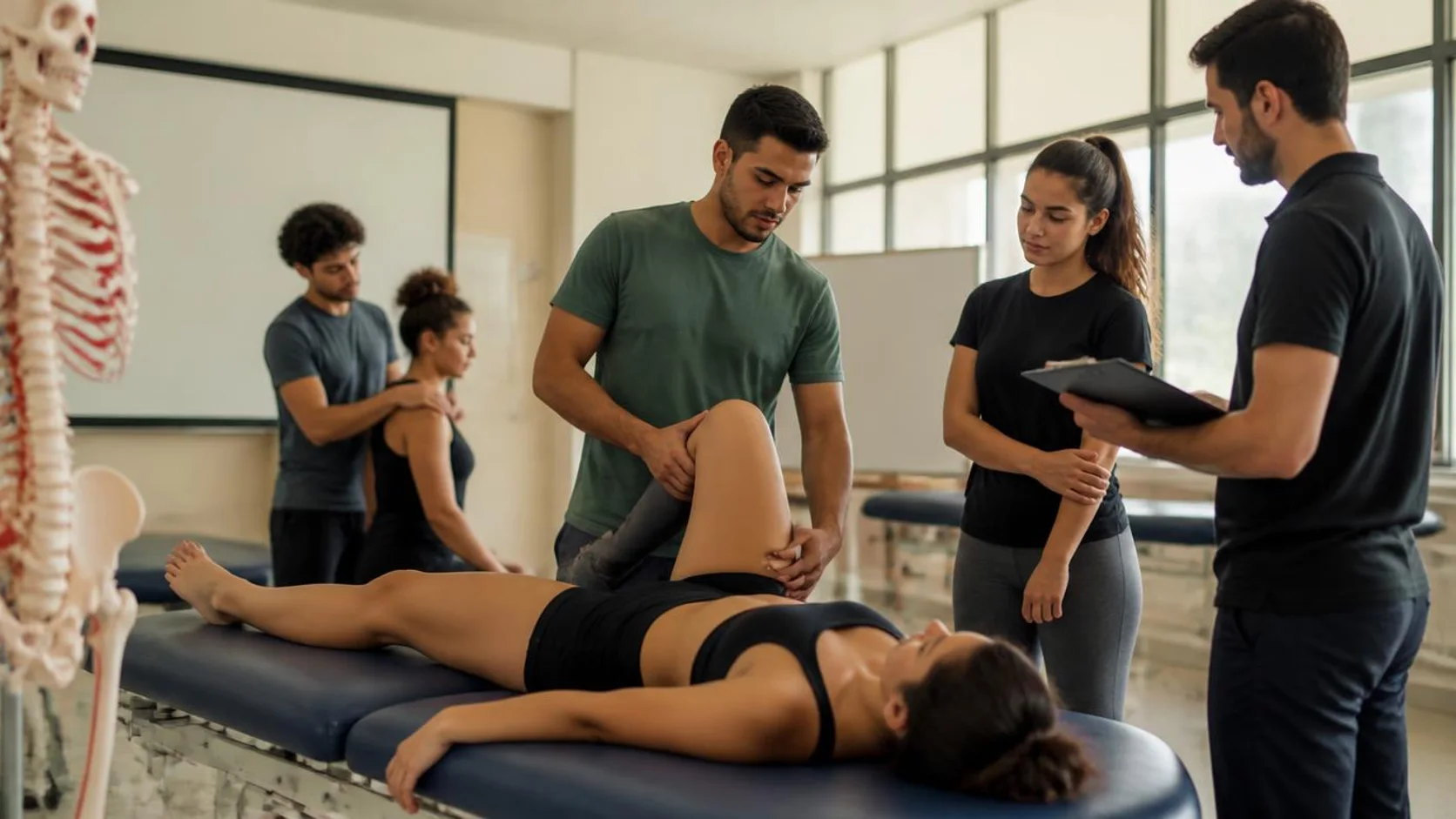 Estudantes em laboratório universitário de fisioterapia durante atividade prática supervisionada.