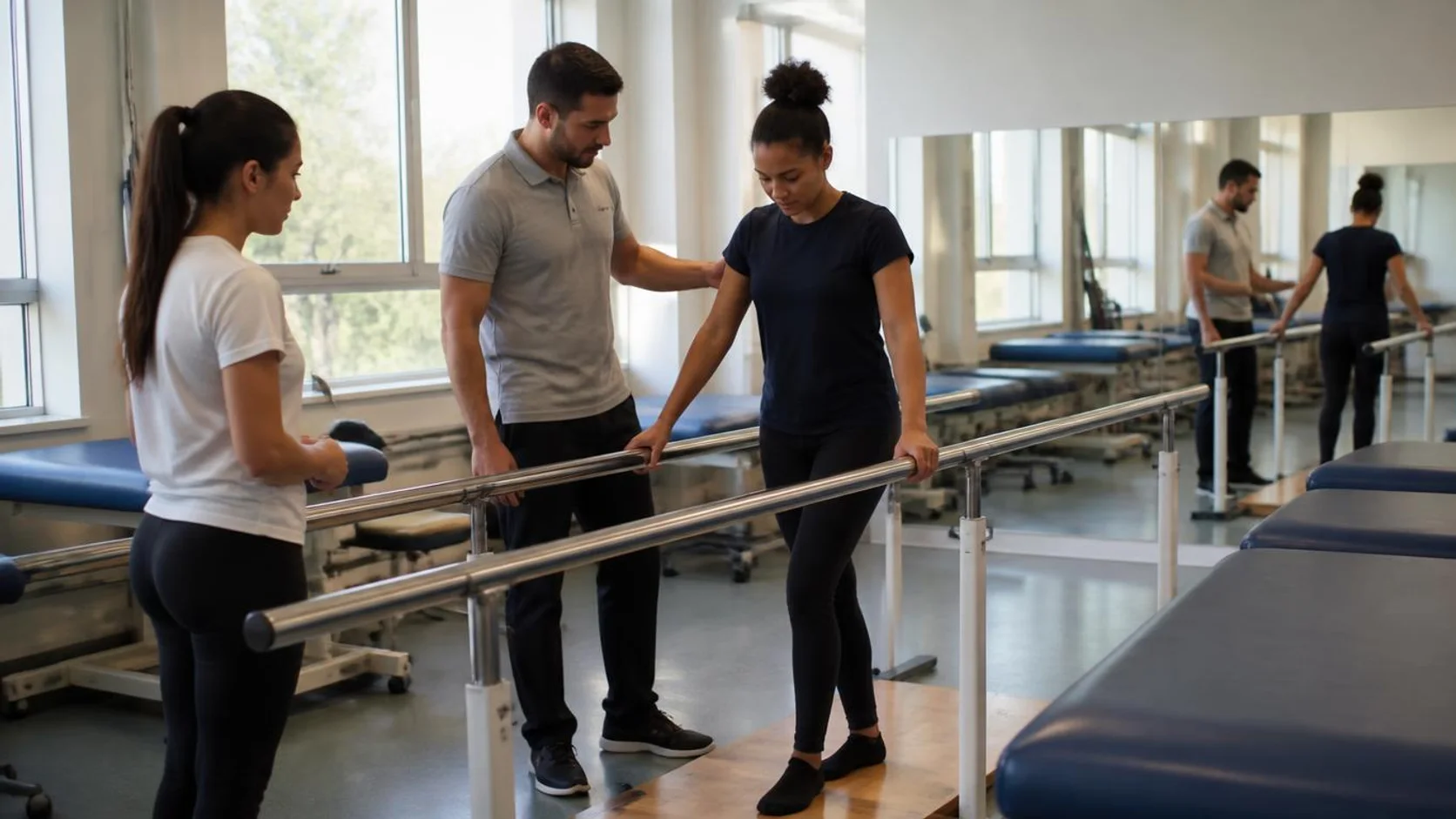 Fisioterapeuta supervisor orienta estudantes em clínica-escola de fisioterapia, junto a barras paralelas de treino de marcha.