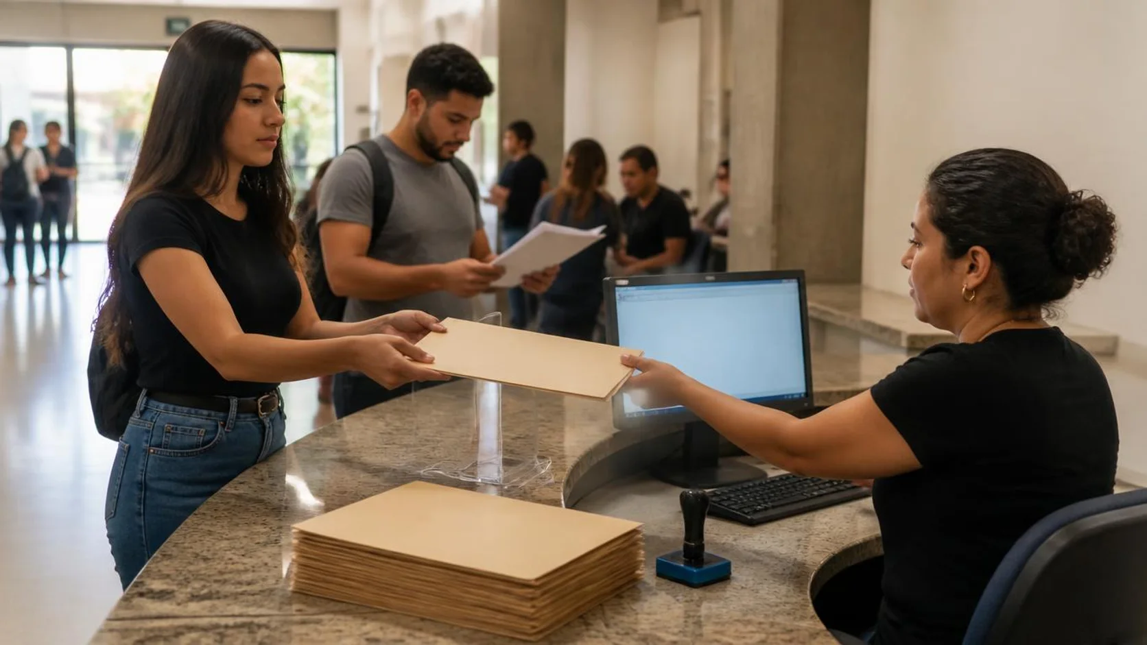 Estudante entrega o histórico do curso a uma atendente da secretaria acadêmica de uma universidade, com pastas de certificados sobre o balcão.