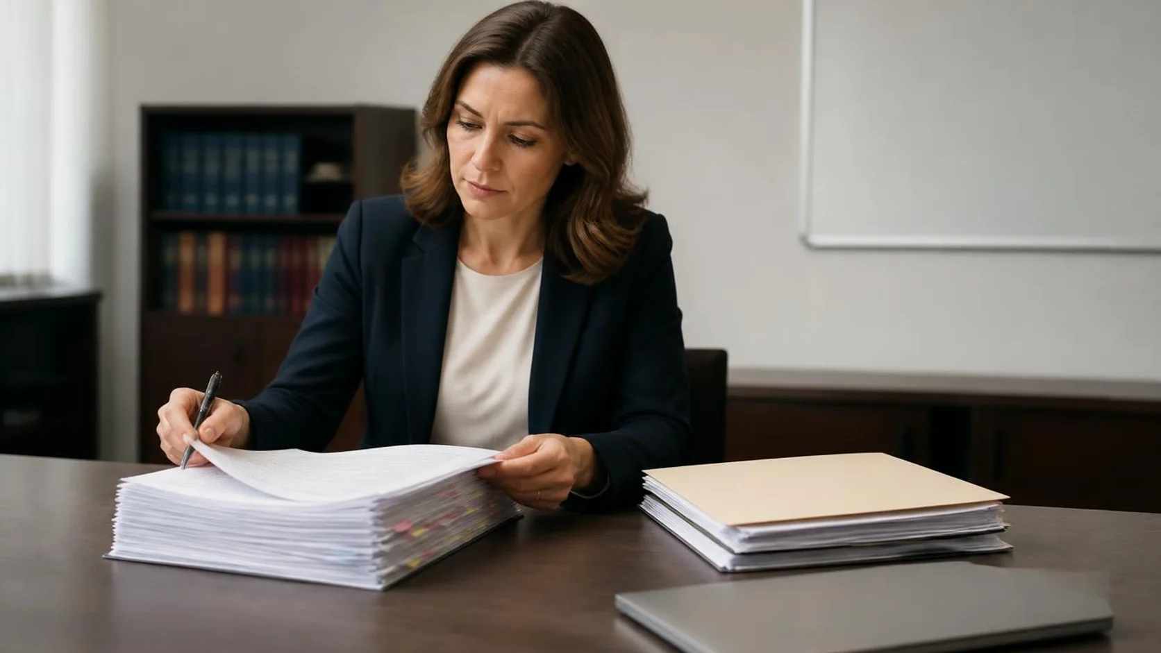 Profissional da área pública examina um documento impresso com marcadores coloridos em uma mesa de trabalho.