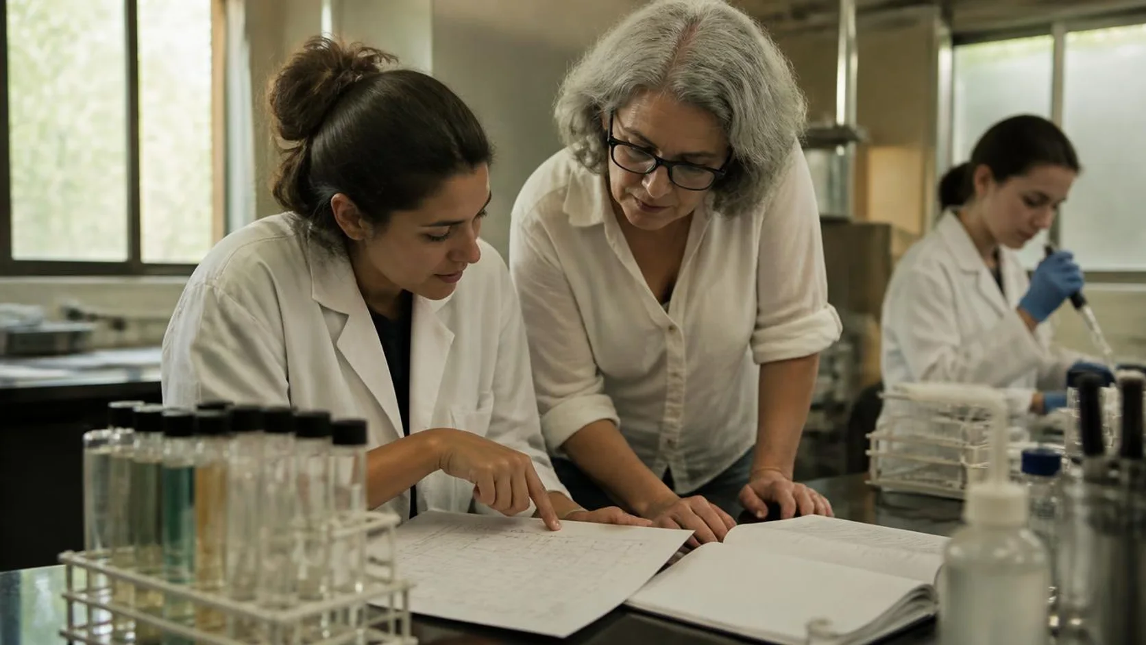 A orientadora e a estudante de doutorado analisam juntas um gráfico impresso com anotações à mão sobre a bancada de um laboratório universitário.
