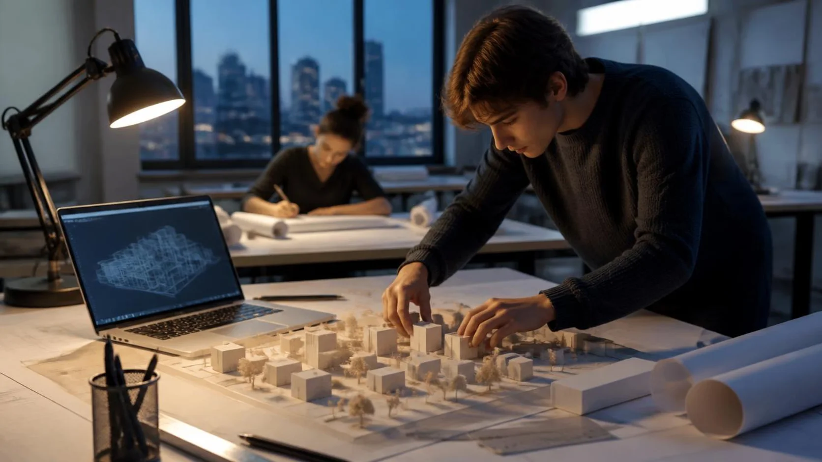 Estudante de arquitetura ajusta maquete física de quadra urbana sobre prancheta, entre plantas enroladas e régua, com colega desenhando ao fundo no ateliê ao anoitecer.