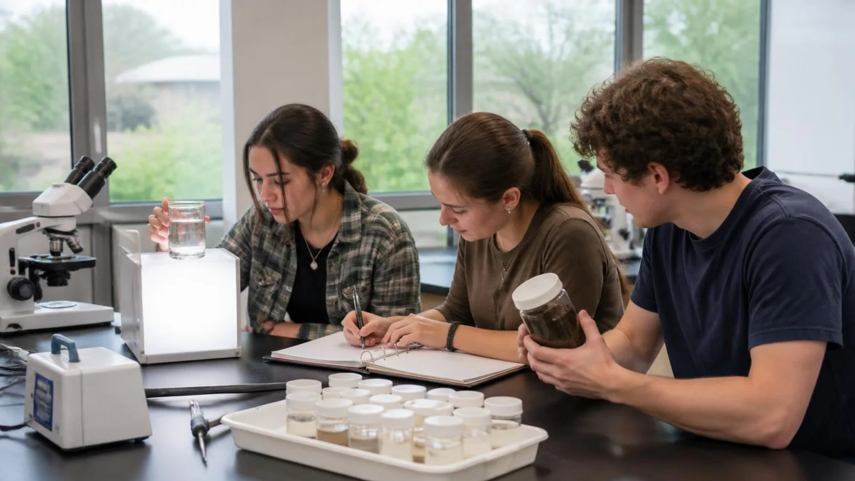 Estudantes universitários analisam amostras de água e solo em bancada de laboratório didático, com caderno de anotações e vidrarias.