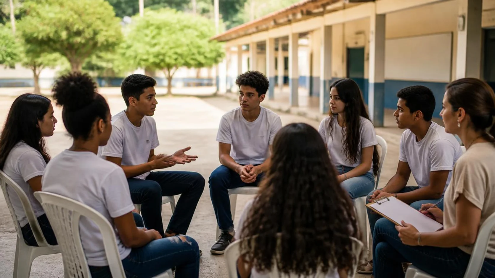 Roda de conversa no pátio da escola, com adolescentes sentados em círculo e a docente observando com uma prancheta.