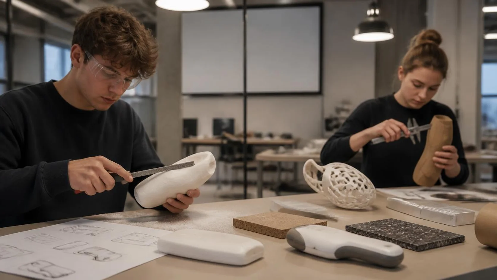 Estudante lixa um modelo ergonômico em espuma na oficina de design de produto enquanto outra pessoa mede um protótipo de papelão com paquímetro.