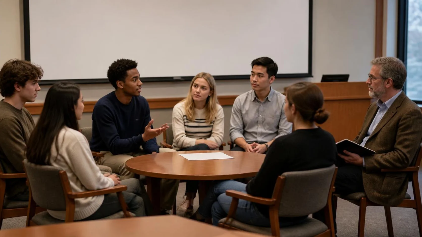 Estudantes em semicírculo discutem um caso em seminário universitário enquanto o docente acompanha em silêncio.