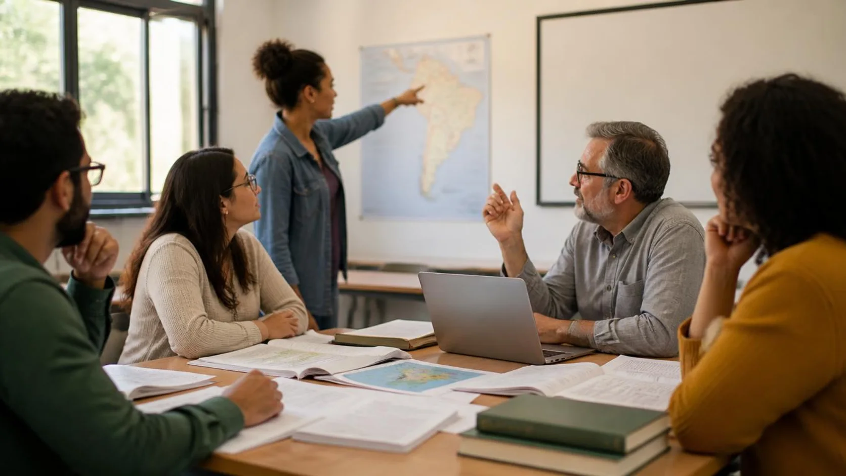 Docente e estudantes adultos em círculo discutindo planos de aula e um mapa durante formação docente.