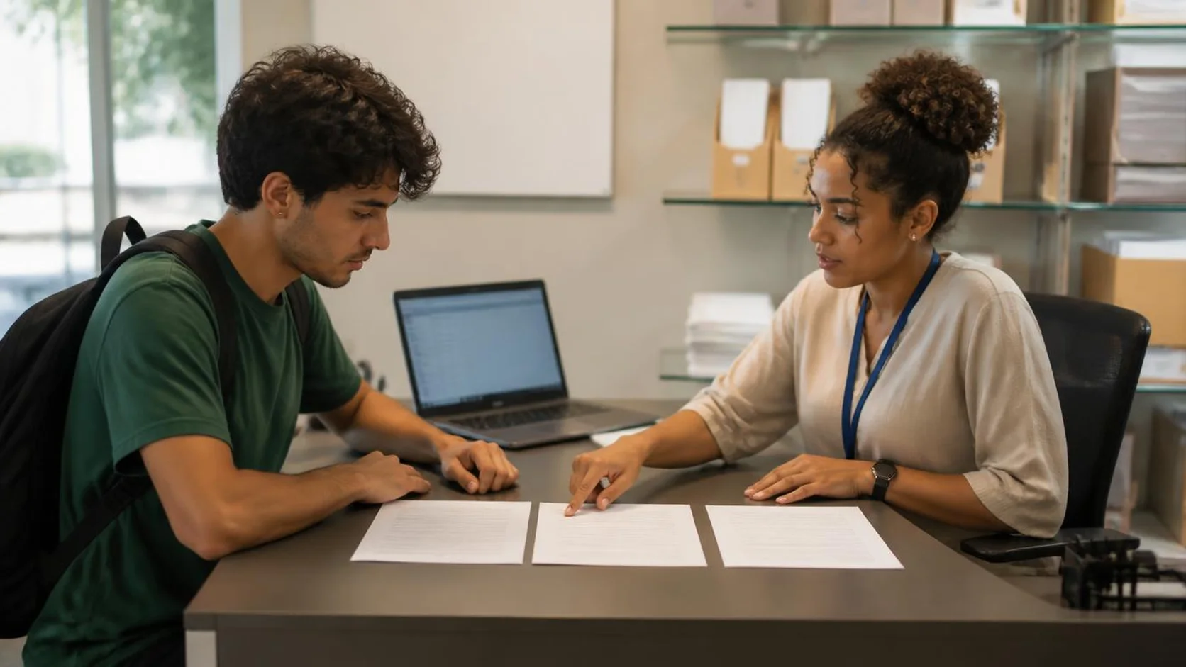 Estudante compara matrizes curriculares impressas em uma mesa de atendimento, ao lado de uma funcionária da instituição, em ambiente de secretaria acadêmica iluminado por luz natural.